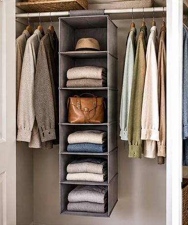 Six shelf hanging closet organizer with folded clothing