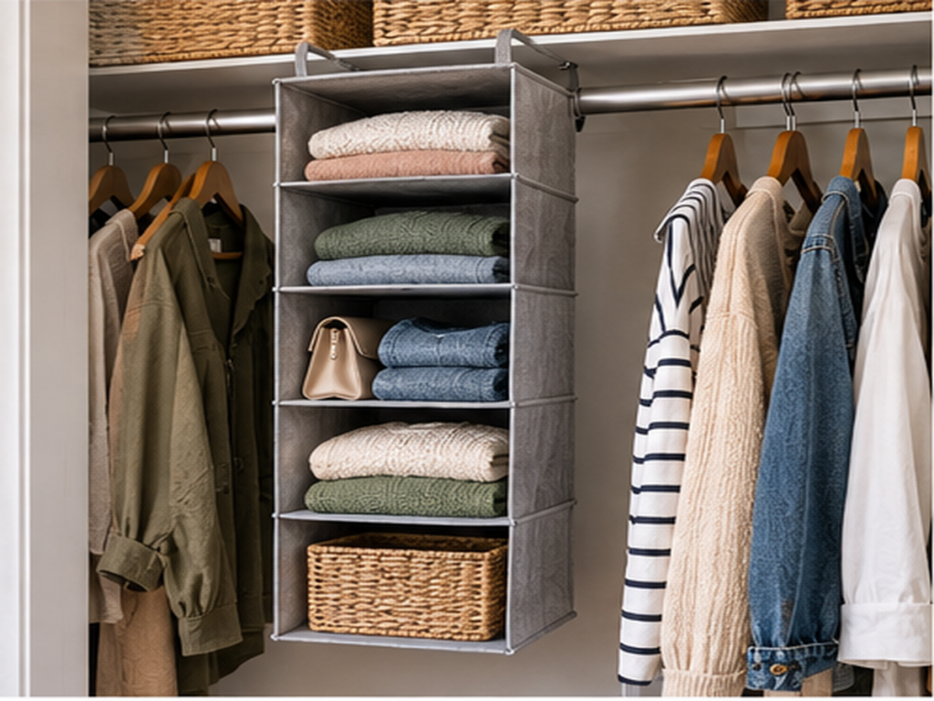 Hanging shelf organizer with folded clothes beside hanging garments in a small closet