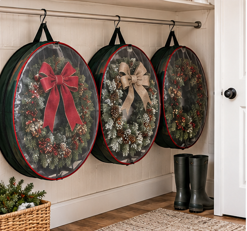 Christmas wreaths stored vertically in individual hanging storage bags