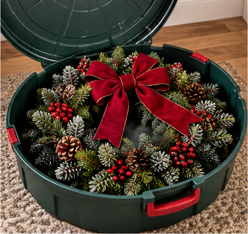Decorated Christmas wreath protected inside a rigid hard-shell storage container