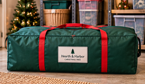 Green Christmas tree storage bag with red handles for a 7.5-foot artificial tree