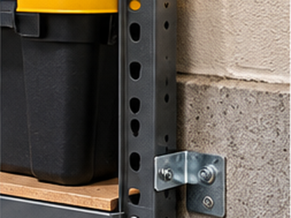 Heavy-duty garage shelving anchored to the wall with heavy bins stored low
