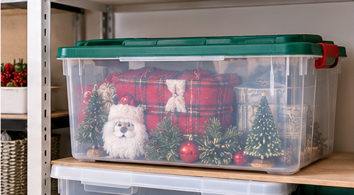 Clear 72-quart Christmas storage bin filled with holiday decorations