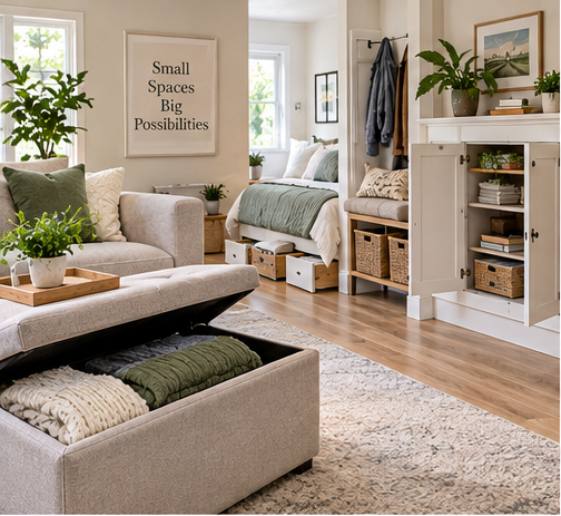 Small home using hidden storage furniture including an ottoman, bench and under-bed storage