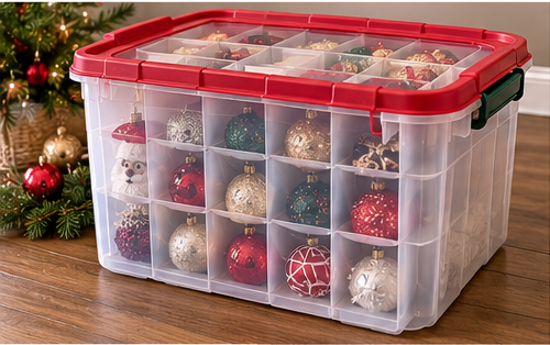 Christmas ornaments stored in divided compartments inside a clear storage box