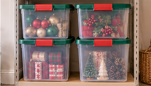 Matching midsize Christmas storage bins stacked on shelving