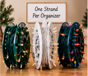 Individual Christmas light strands stored on separate reels