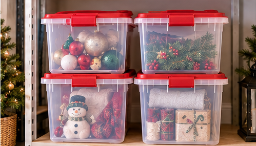 Small Christmas storage bins stacked for categorized holiday decor