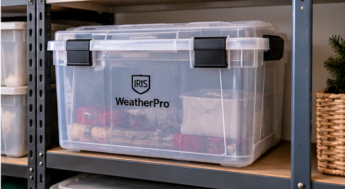 Clear weather-sealed storage bin for Christmas decorations in a garage or basement