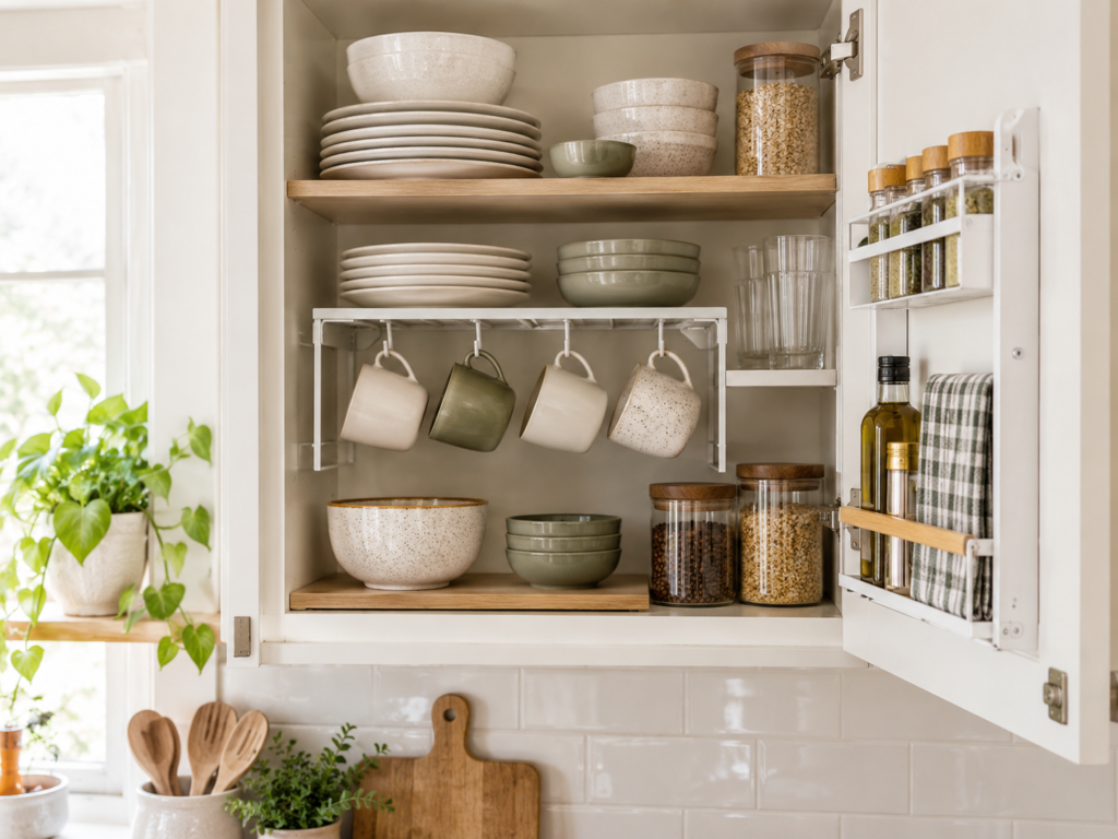 Kitchen cabinet with shelf risers, hanging mugs and door-mounted storage