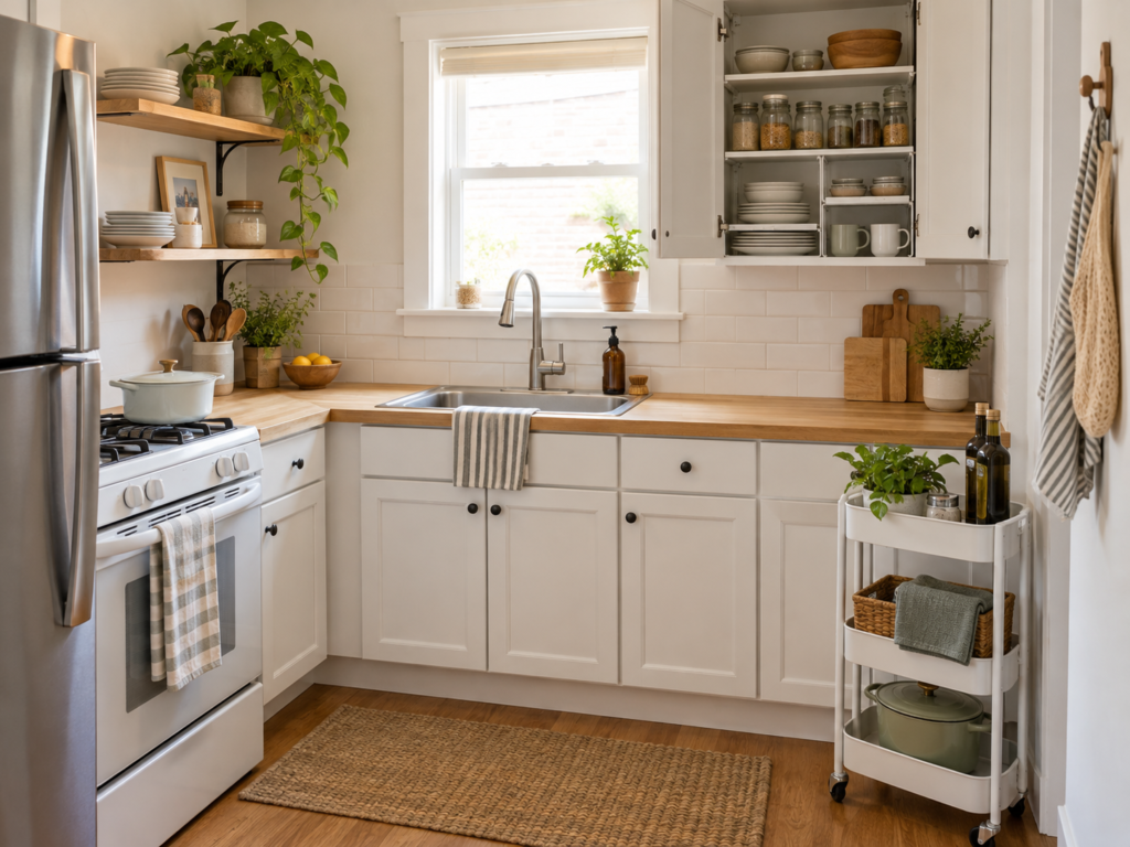 Small kitchen with limited cabinet space using open shelves and a rolling cart