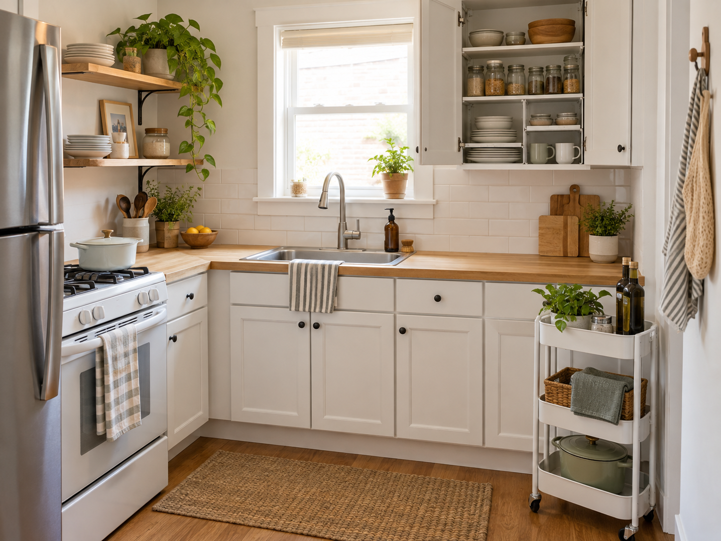 Small kitchen with limited cabinet space using open shelves and a rolling cart