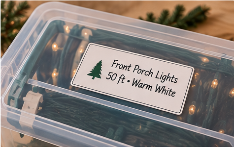 Christmas light storage label reading front porch lights 50 feet warm white