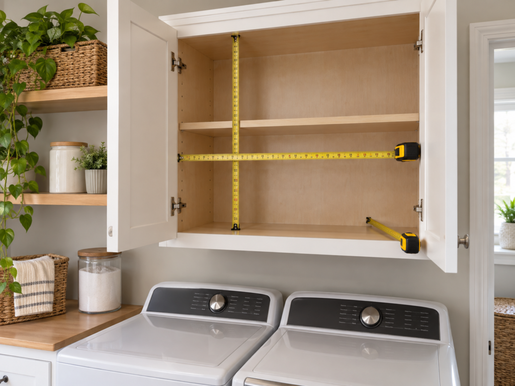 Measuring a laundry room cabinet for shelf width, depth, and door clearance