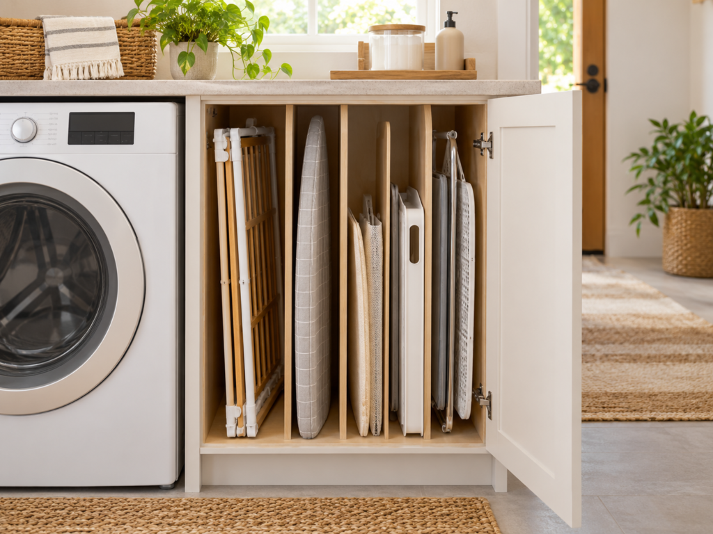 Deep laundry cabinet with pull-out bins for detergent and cleaning supplies