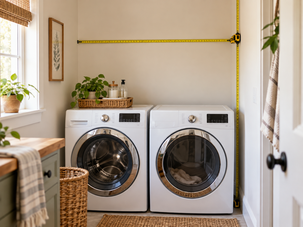 Measuring wall space above and beside a washer and dryer for laundry room shelving