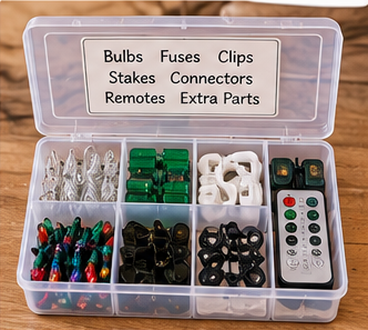 Clear box organizing spare Christmas light bulbs fuses clips and remotes