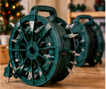 Long Christmas light strand wrapped neatly on a storage reel