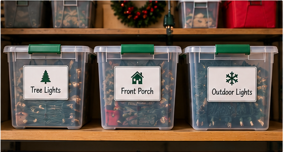 Christmas lights stored in separate labeled bins for tree porch and outdoor use. How to store christmas lights