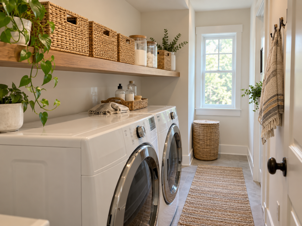 Long open shelf above side-by-side front-load washer and dryer