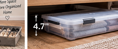 Low-profile under-bed storage bin beneath a low bed frame