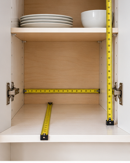 Tape measure showing cabinet width, depth and height inside an open cabinet