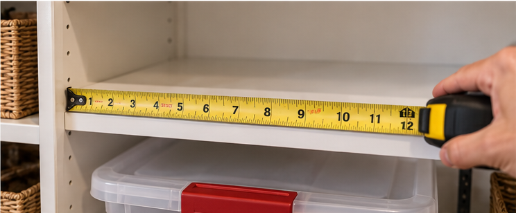 Measuring shelf space before choosing Christmas storage bins