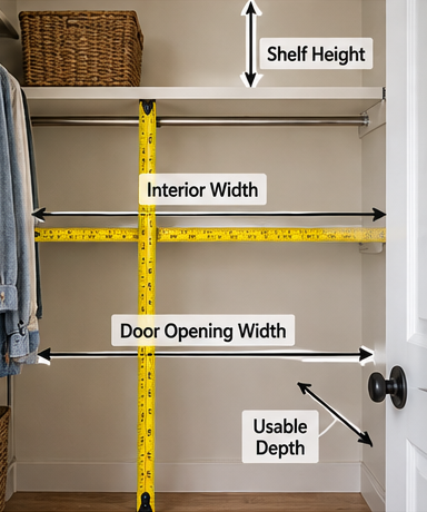 Measuring closet width, door opening, shelf height, and usable depth