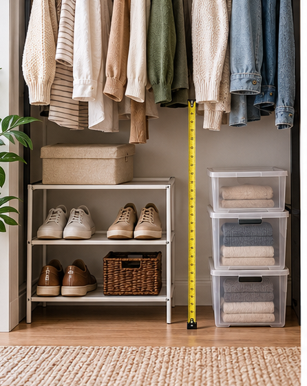 Closet hanging space measured from clothes to floor for shoe and drawer storage