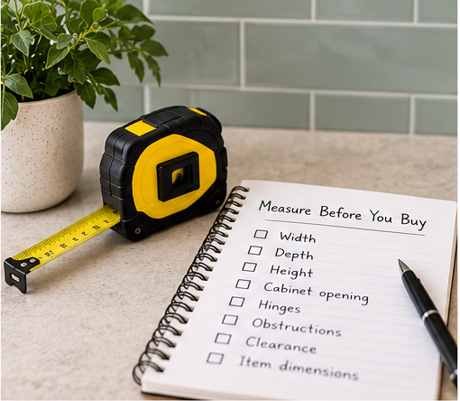Tape measure and checklist for measuring deep kitchen cabinets before buying organizers