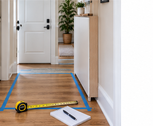 Measuring walkway clearance for shoe storage in a small entryway