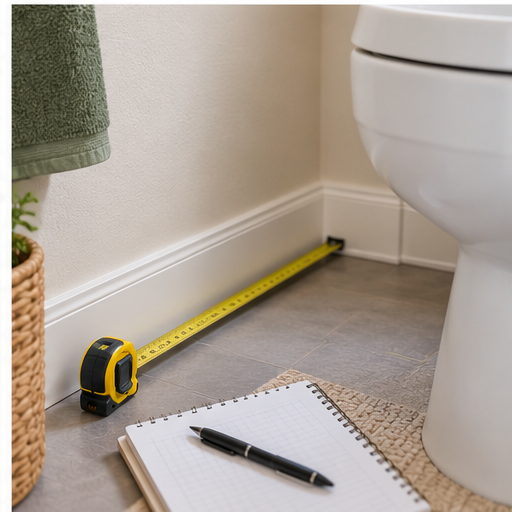 Measuring floor space in a small bathroom for towel storage