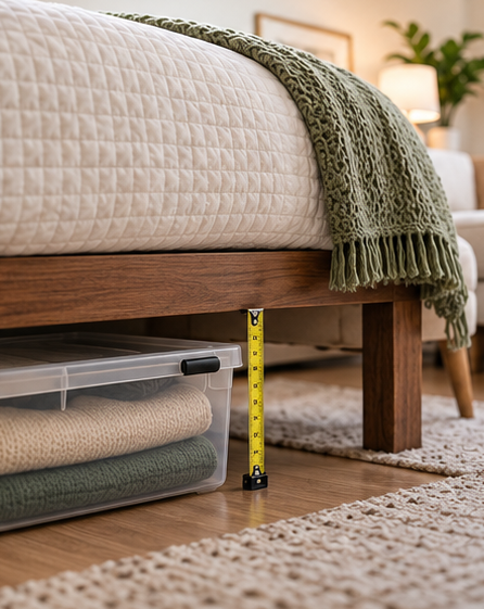 Measuring under-bed clearance beside low-profile storage bins