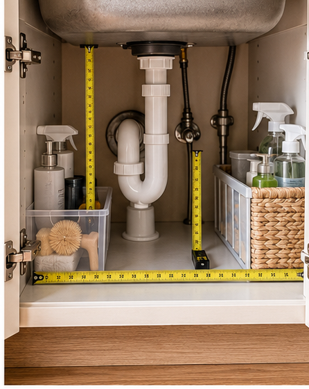 Under-sink cabinet being measured around drain pipes and plumbing