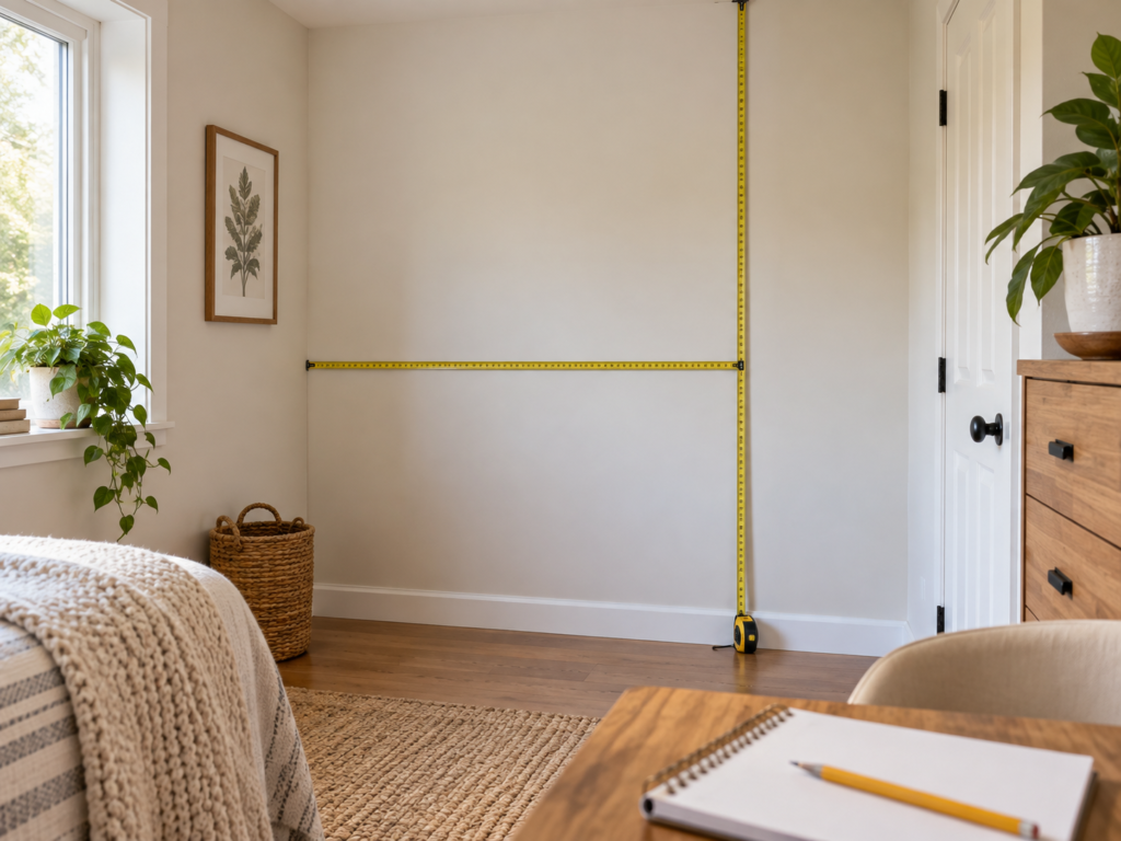 Measuring wall height and width for vertical storage in a small room