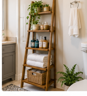 Narrow ladder shelf holding towels and toiletries in small bathroom