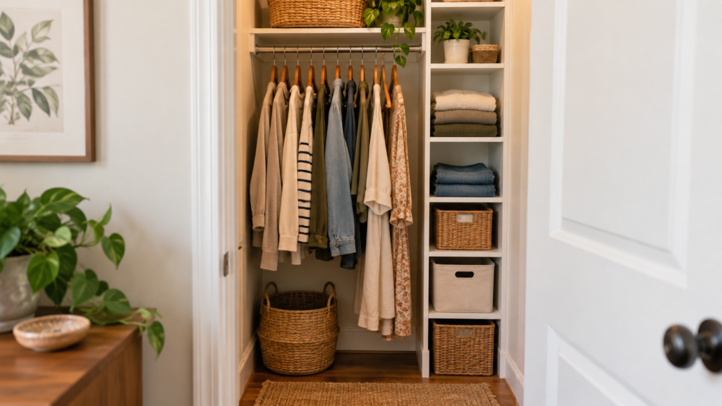 Narrow shelf tower beside hanging clothes in a small closet