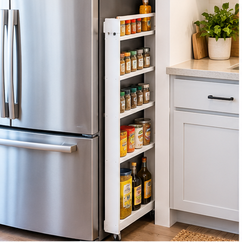 Slim rolling storage cart in narrow gap beside refrigerator