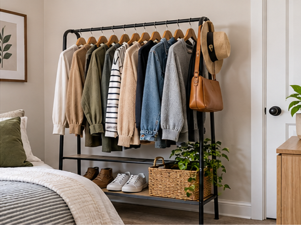 Narrow garment rack with neatly arranged clothes in a small bedroom