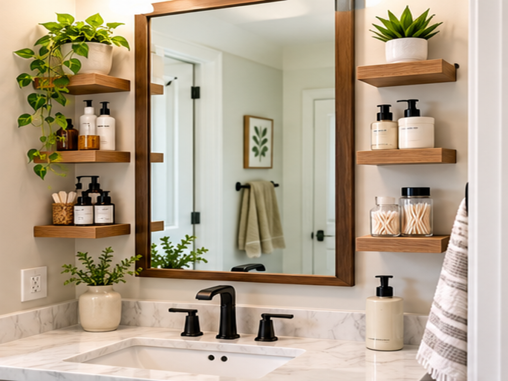 Narrow floating shelves beside a bathroom mirror holding toiletries and small baskets