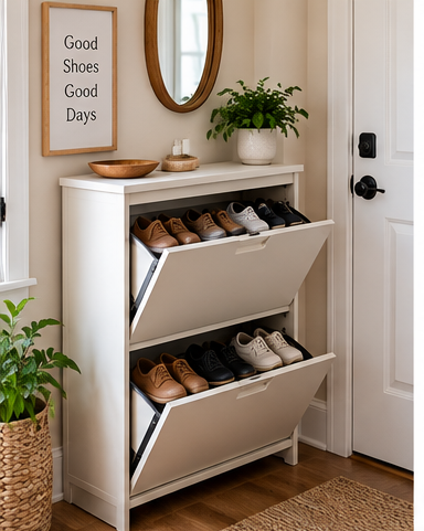 Narrow tilt-out shoe cabinet in a small entryway