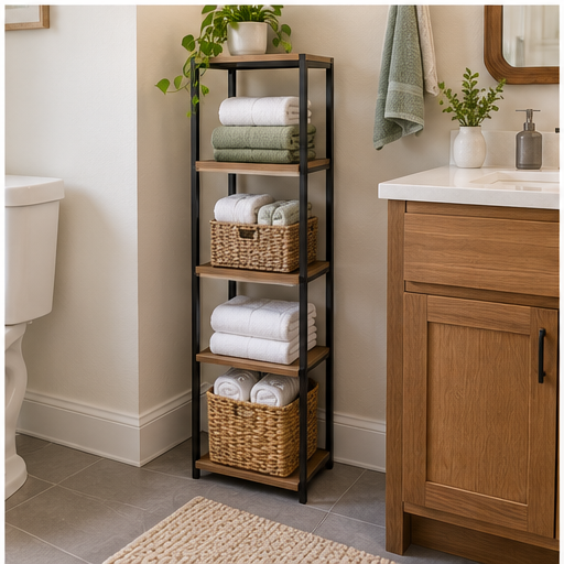 Narrow towel shelving beside vanity in a small bathroom