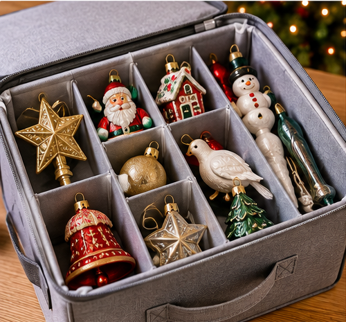 Odd-shaped Christmas ornaments stored in adjustable compartments