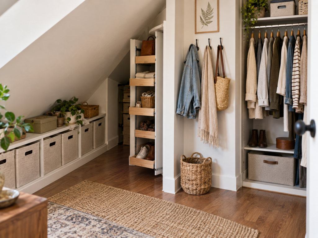 Organized irregular closet with low storage, pull-out shelves, hooks, and hanging clothes