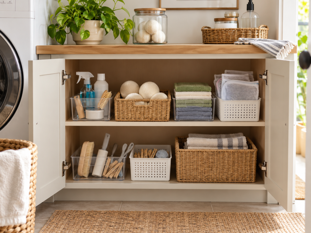 Organized laundry cabinet with small bins for dryer supplies, cloths, and laundry tools