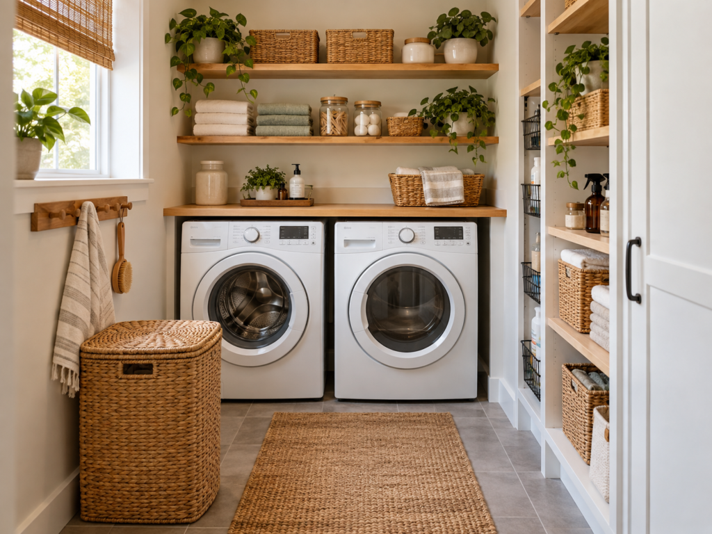 Organized small laundry room with open shelves, baskets, and laundry supplies