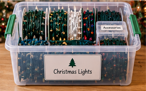 Organized Christmas light reels stored inside a clear latching bin