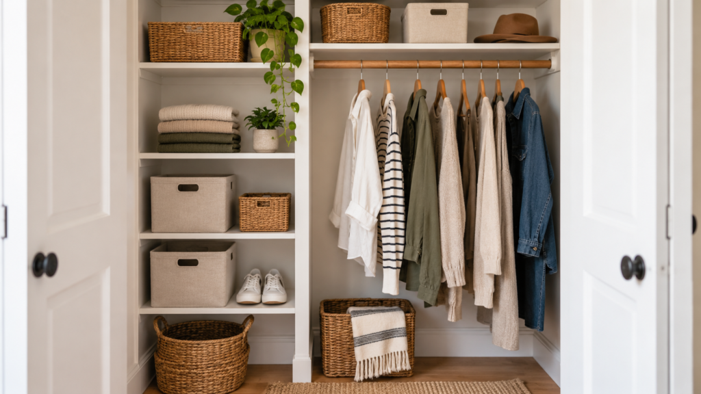 Organized small closet with open shelf space, folded clothes, bins, and hanging storage