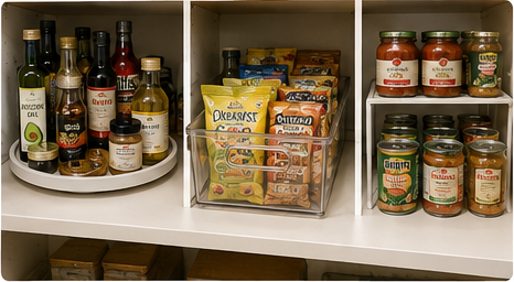Pantry turntable, pull-out bin and shelf riser used side by side