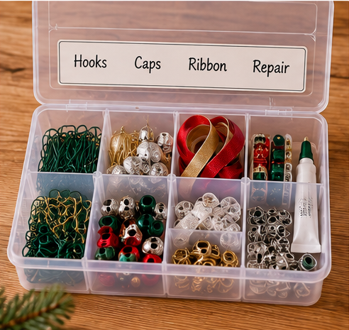 Clear organizer box for ornament hooks caps ribbon and repair parts